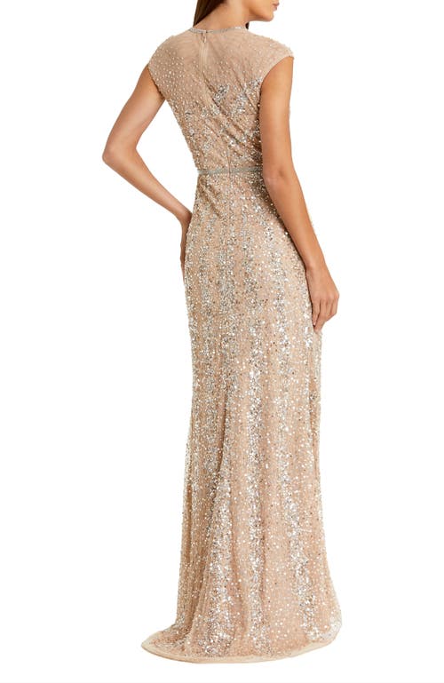 Mac Duggal Embellished Illusion High Neck Cap Sleeve Gown In Nude