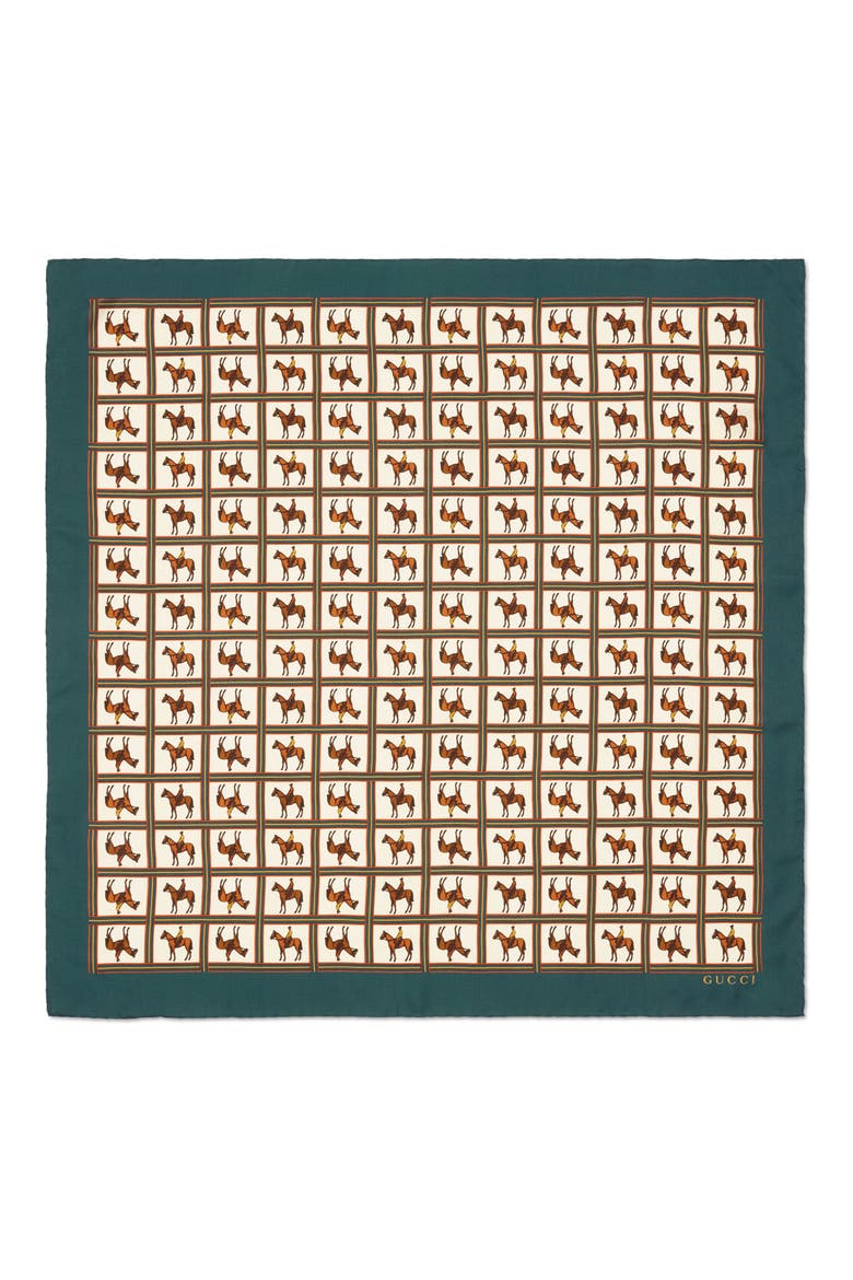 Horses Square Silk Scarf, Main, color, GREEN/ IVORY