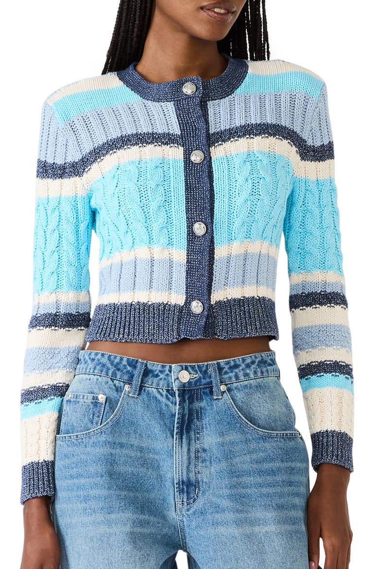 Eviee Crop Cotton Blend Cable Cardigan, Main, color, BLUE MULTI