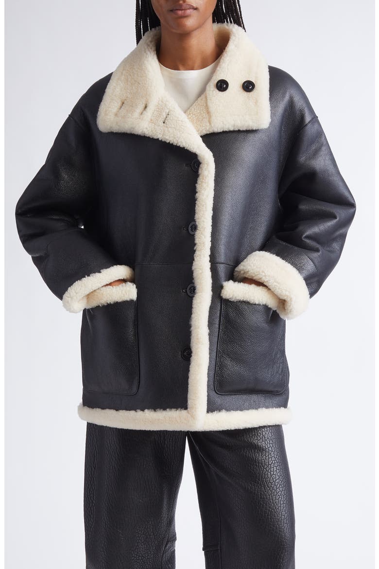Heather Reversible Genuine Shearling Coat, Main, color, BLACK/ OFF WHITE