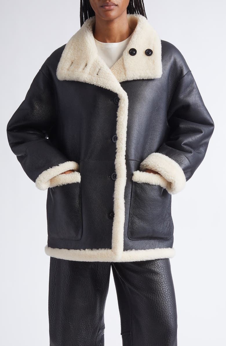 Stand Studio Heather Reversible Genuine Shearling Coat, Main, color, Black/ Off White