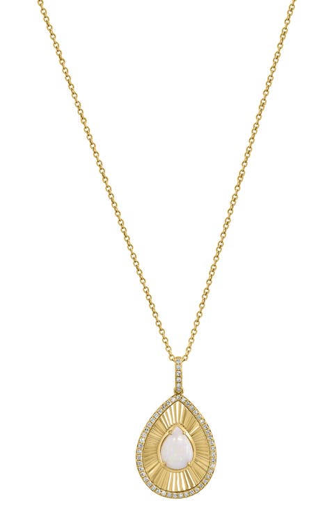 14K Yellow Gold Diamond & Opal Teardrop Pendant Necklace - 0.15ct.