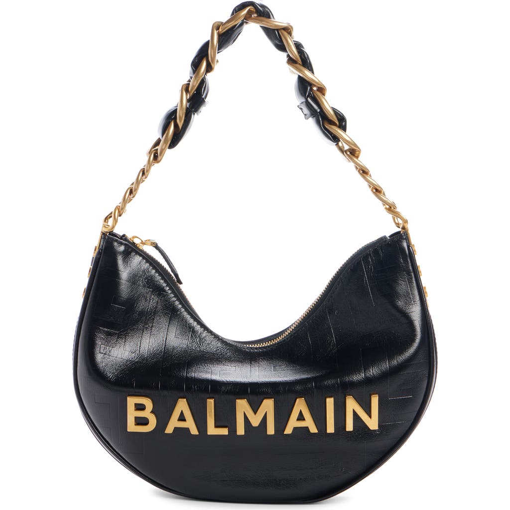 Shop Balmain 1945 Soft Moon Logo Embossed Leather Hobo Bag In 0pa Black