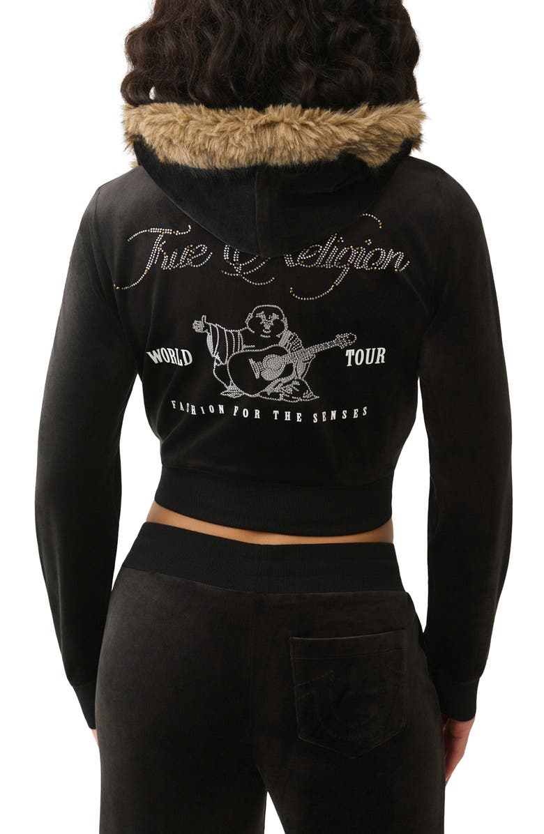 True Religion Shrunken Crystal Faux Fur Trim Velour Hoodie, Alternate, color, Jet Black
