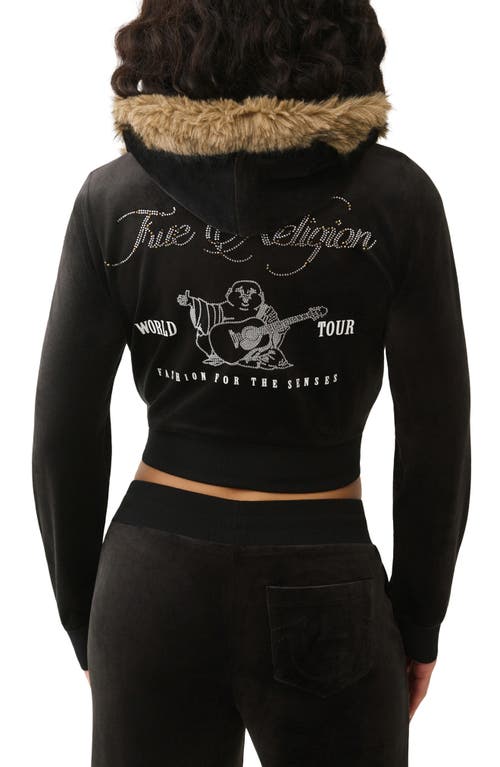 True Religion Shrunken Crystal Faux Fur Trim Velour Hoodie In Black
