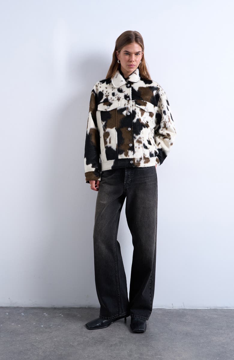 Topshop Cow Print Faux Fur Western Trucker Jacket, Alternate, color, Black