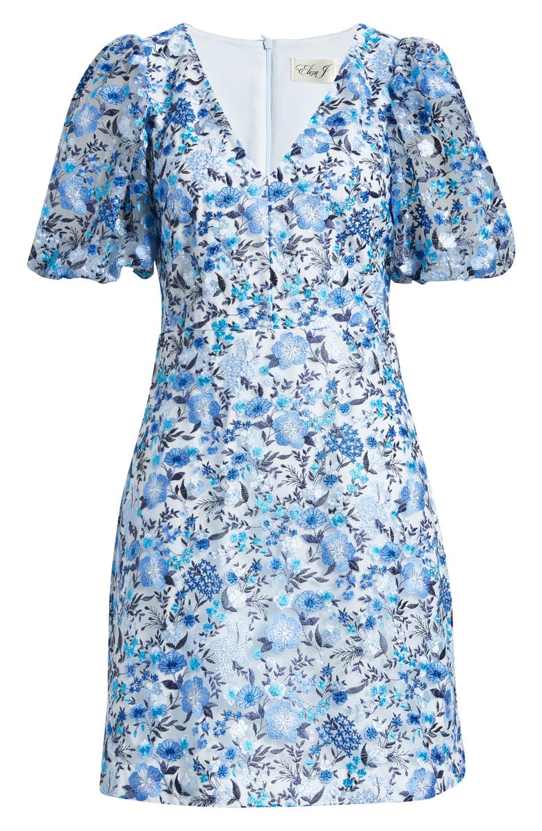 Eliza J Embroidered Puff Sleeve Cocktail Dress, Main, color, Blue