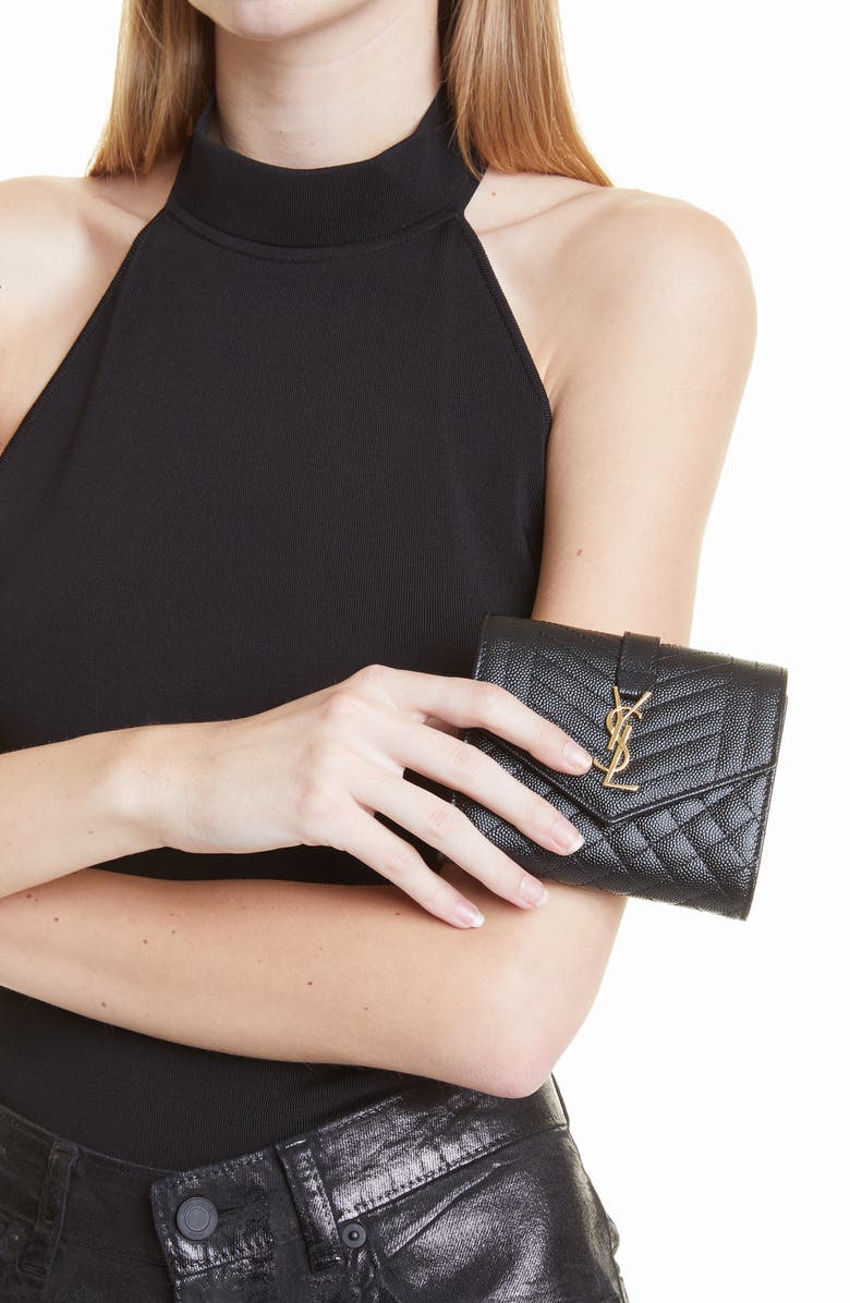 Saint Laurent Monogram Pebbled Leather Envelope Card Case, Alternate, color,