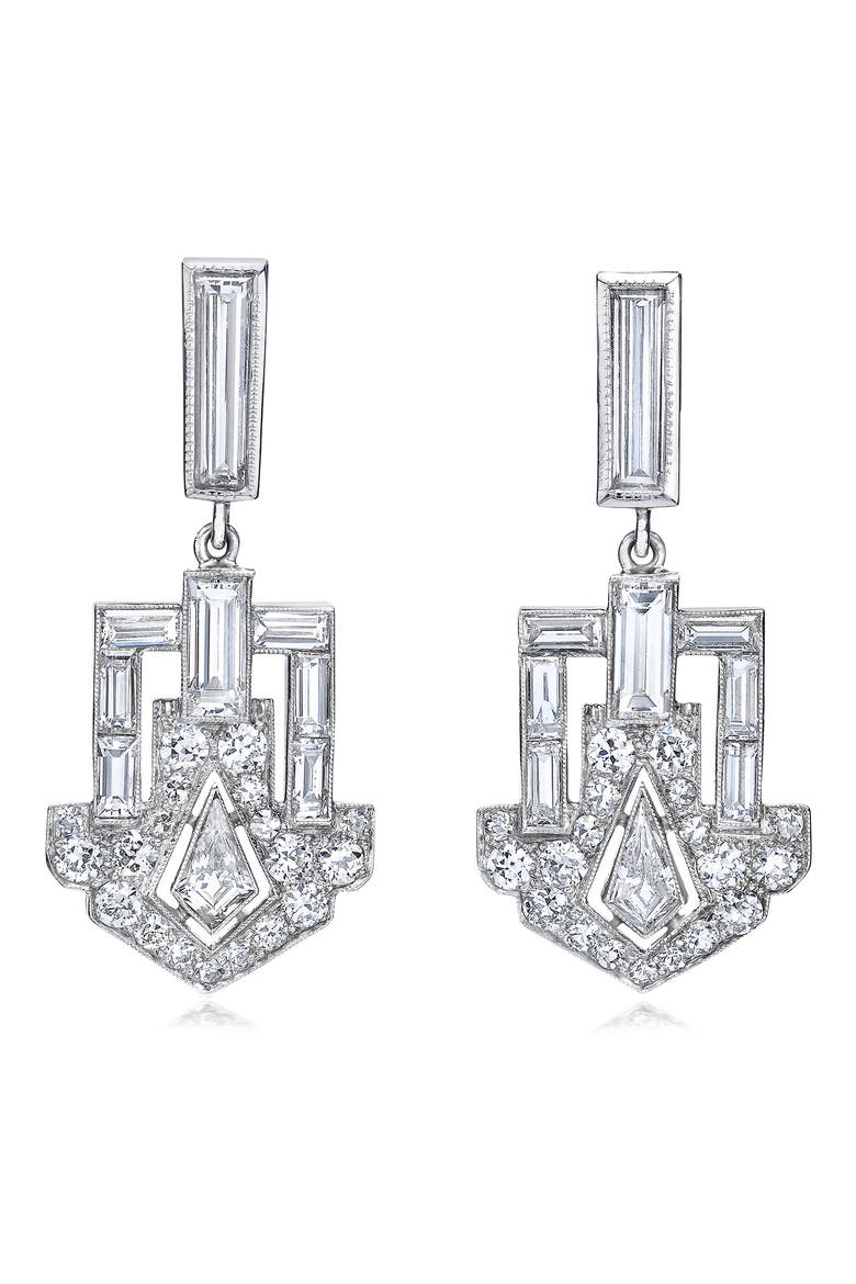 Dangling Deco Shield Diamond Drop Earrings, Main, color, PLATINUM/DIAMOND