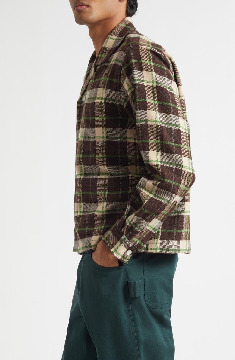 Bode Woodcrest Plaid Wool Flannel Overshirt, Alternate, color, Brown Green