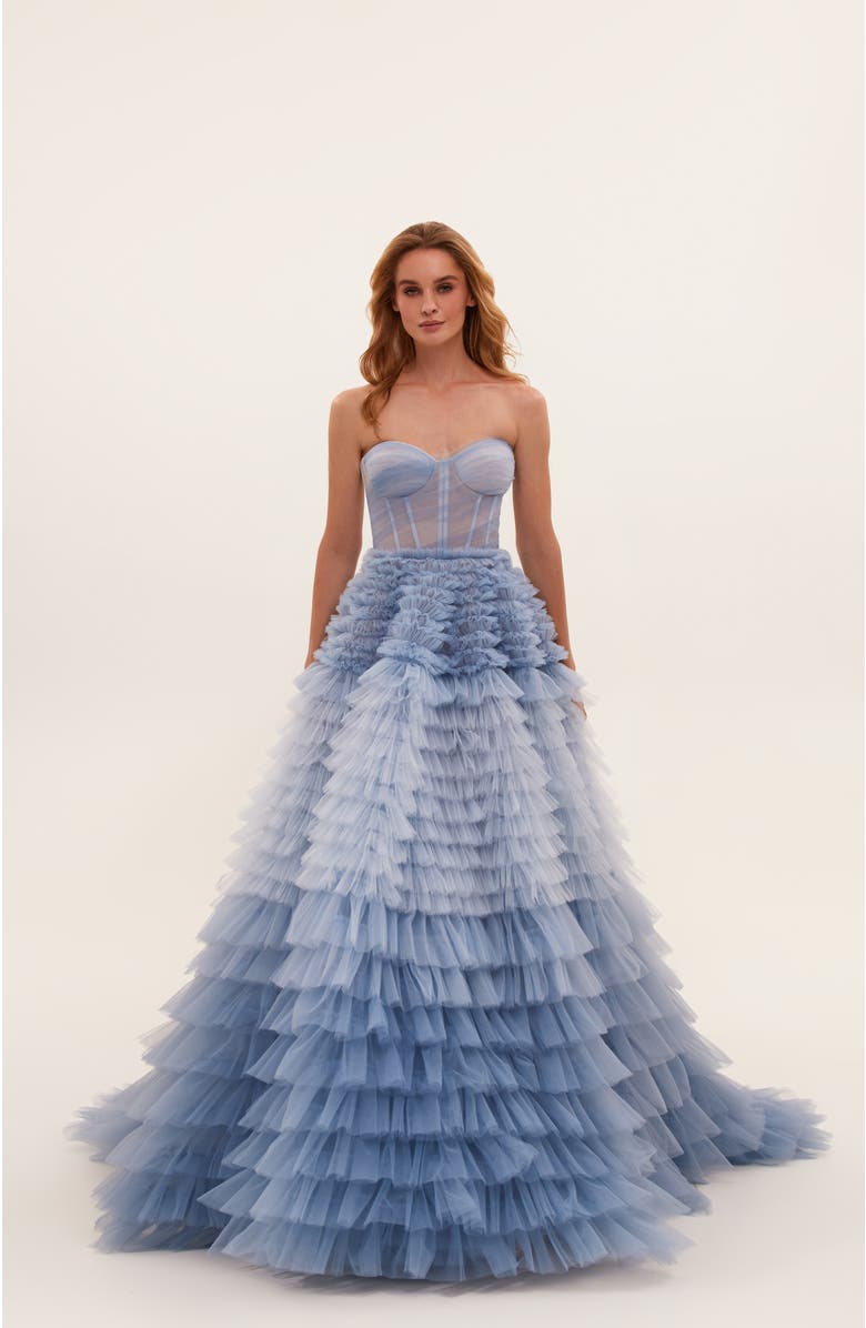 Milla Light Blue Strapless Frill-Layered Fluffy Dress, Alternate, color,