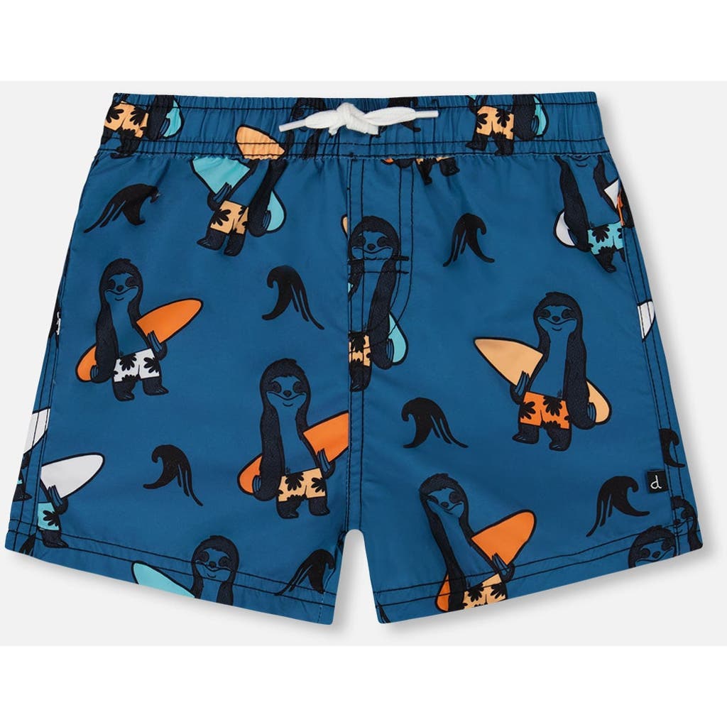 Deux Par Deux Boy's Printed Swim Trunks Orange Sloths On Navy Blue In Orange Sloths On Navy Blue