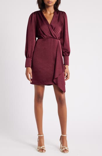 Julia Jordan Drape Front Long Sleeve Satin Dress In Burgundy