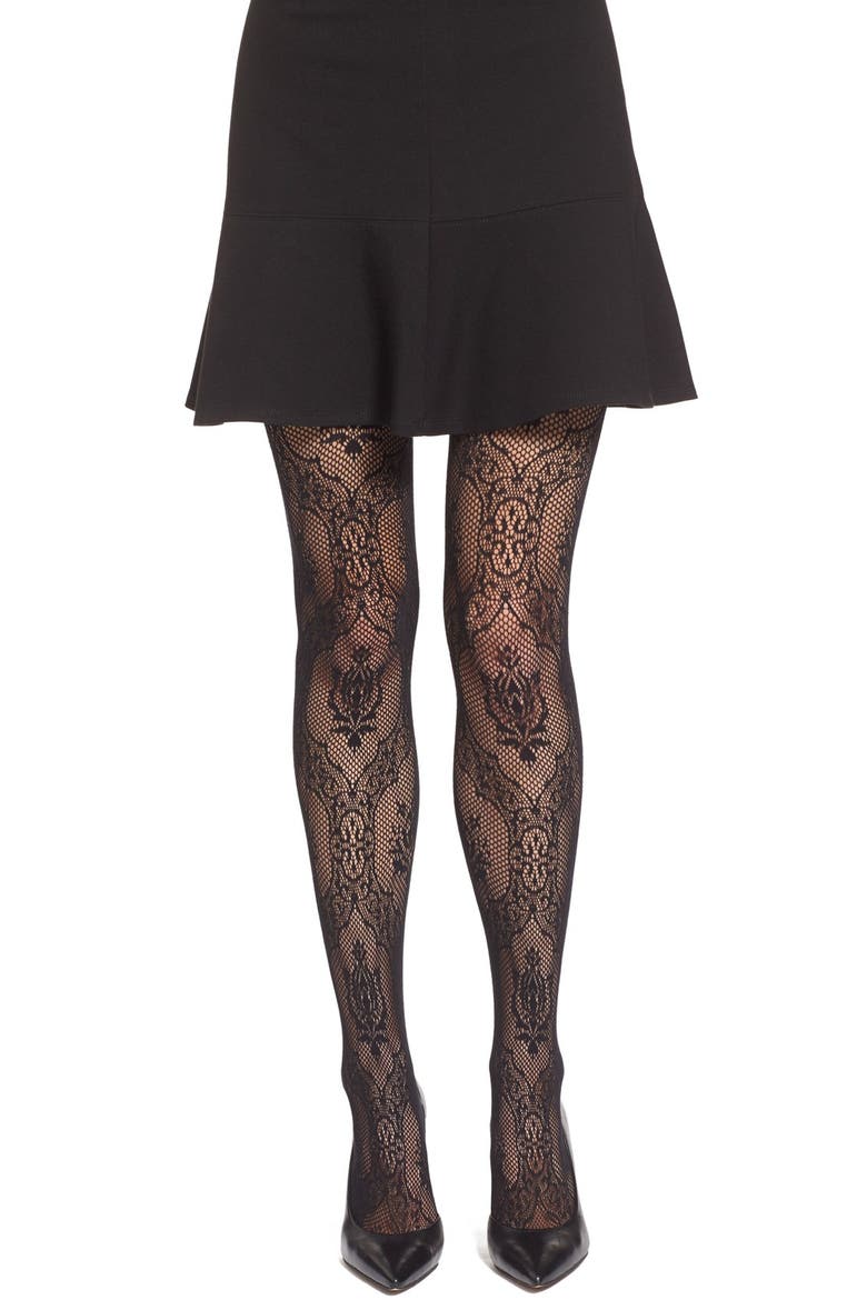 'Lucrezia' Lace Fishnet Tights, Main, color, BLACK