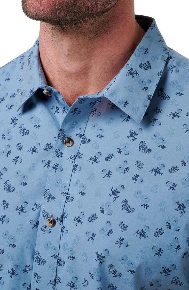 TravisMathew Something New Floral Short Sleeve Stretch Cotton Blend Button-Up Shirt, Alternate, color, Heather Captains Blue