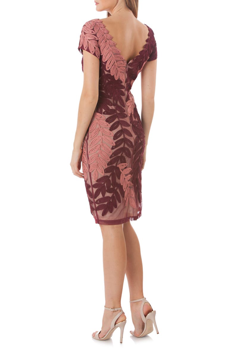 Leaf Soutache V-Neck Sheath Dress, Alternate, color, GARNET/ SIENNA