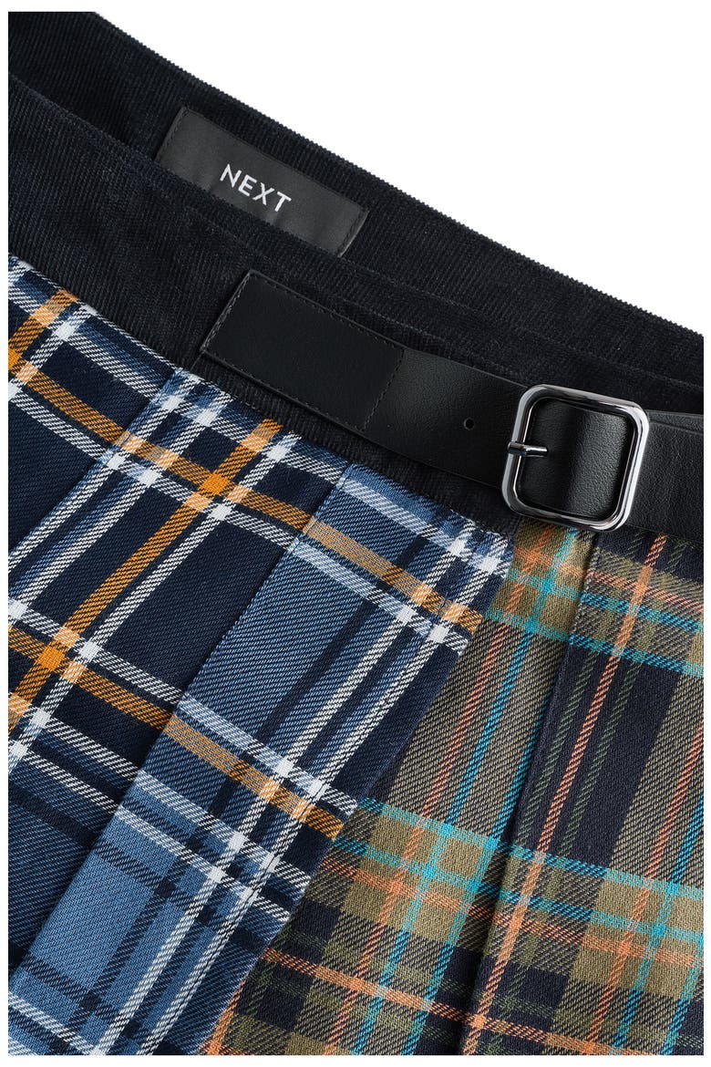 Mixed Plaid Pleated Cotton Faux Wrap Miniskirt, Alternate, color, BLUE