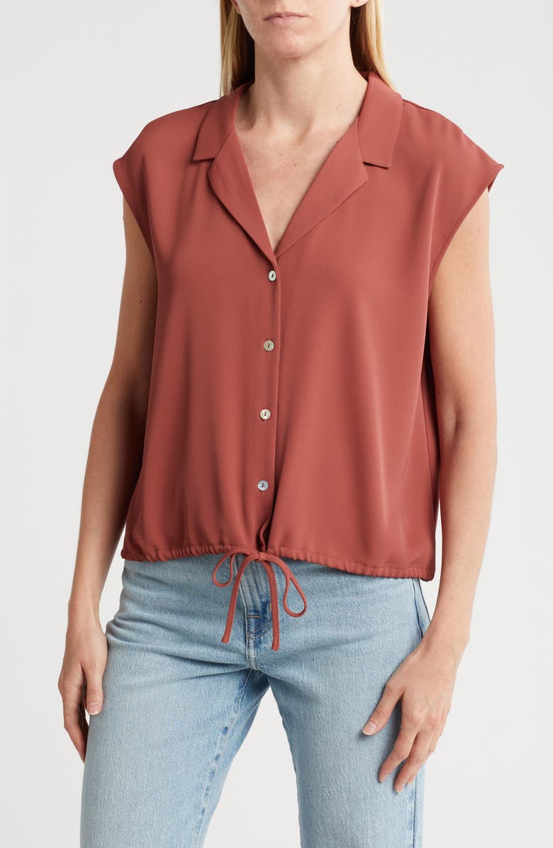 MELLODAY Drawstring Hem Sleeveless Button-Up Shirt, Main, color, Mahogany