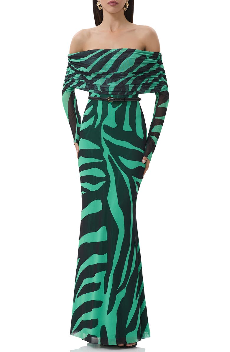 AFRM Thelma Print Off the Shoulder Long Sleeve Mesh Maxi Dress, Main, color, Green Zebra