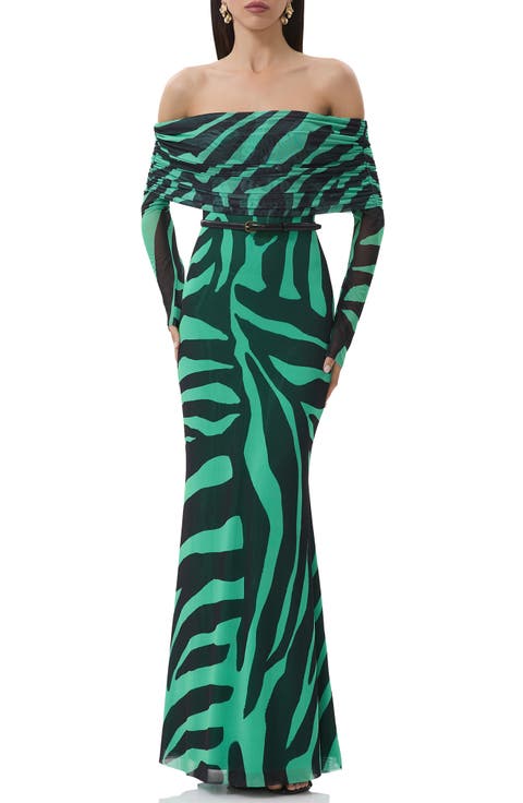 Thelma Print Off the Shoulder Long Sleeve Mesh Maxi Dress