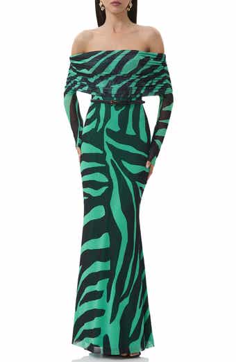 AFRM Thelma Print Off the Shoulder Long Sleeve Mesh Maxi Dress