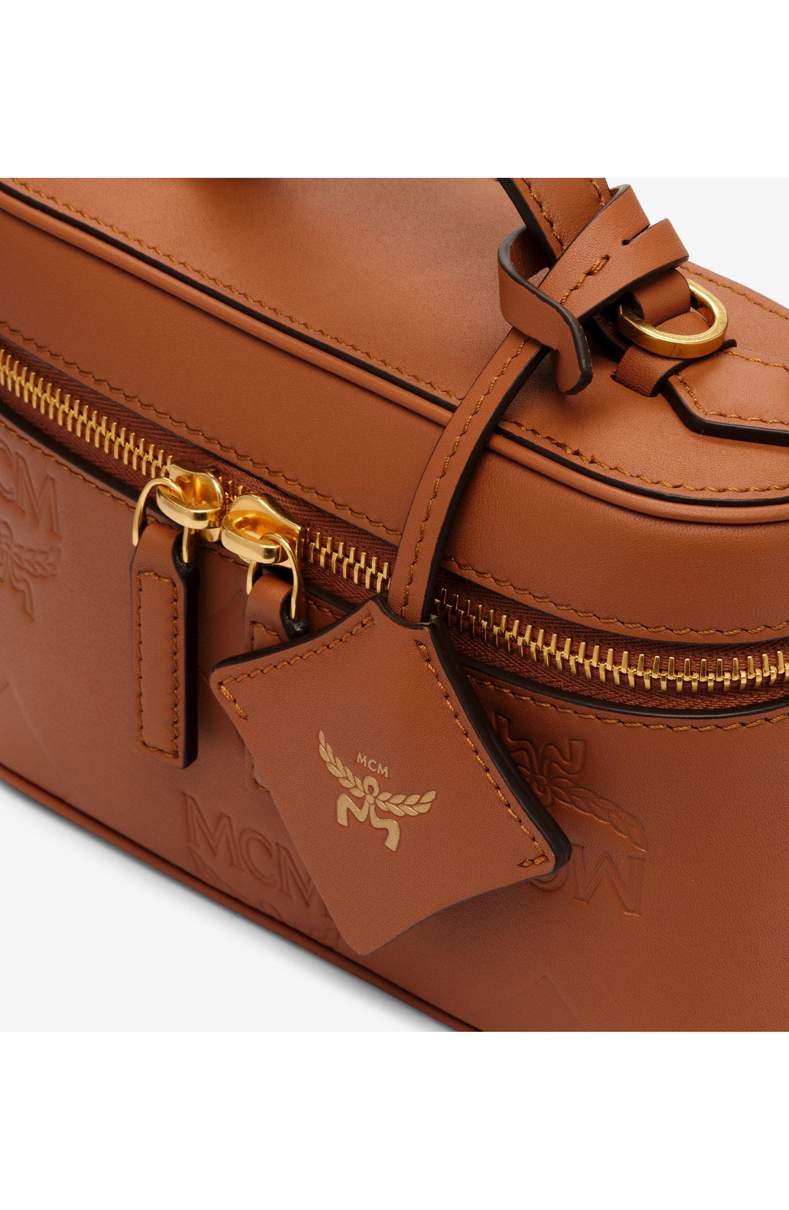 MCM Mini Aren Vanity Case in Maxi Monogram Leather, Alternate, color, Mocha Bisque