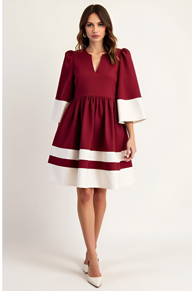 Fit and Flare Mini Dress with Contrast Cuff, Hemline and Notch Neck, Alternate, color, Burgundy