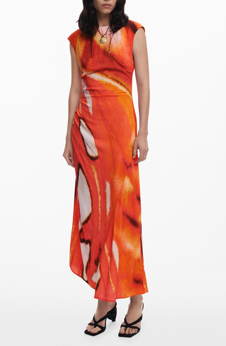 Desigual Cap Sleeve Ruched Maxi Dress, Main, color, Orange