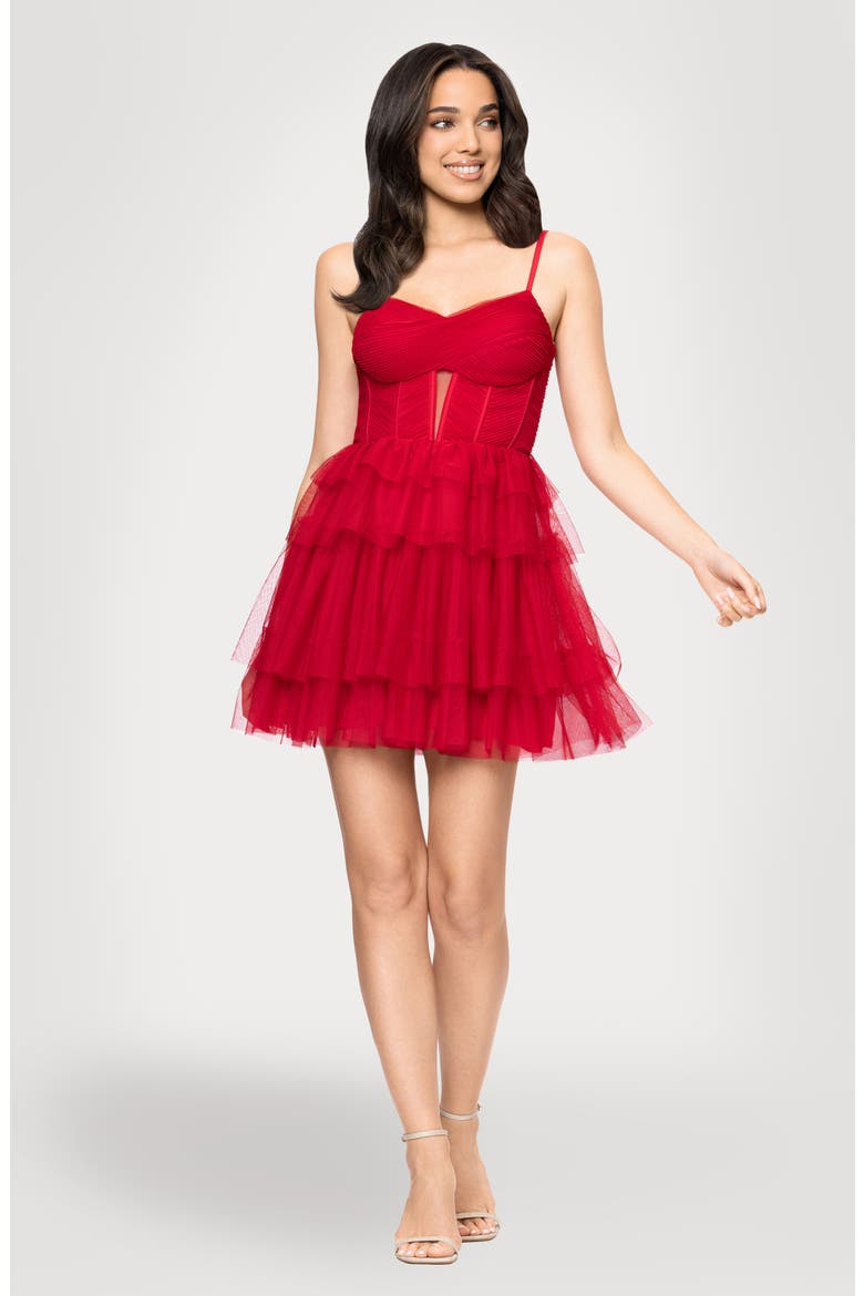 Corset Mesh Ruffle Minidress, Alternate, color, RED