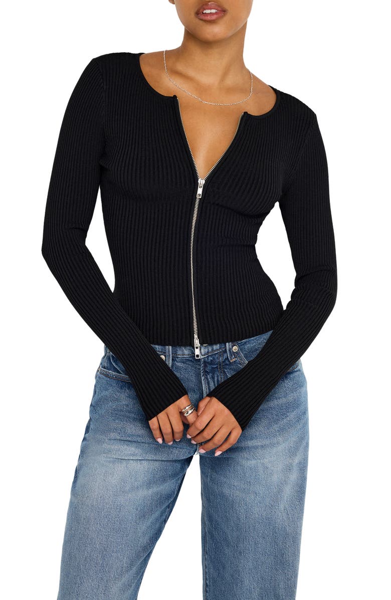 Good American Virgo Rib Zip Cardigan, Main, color, Black001