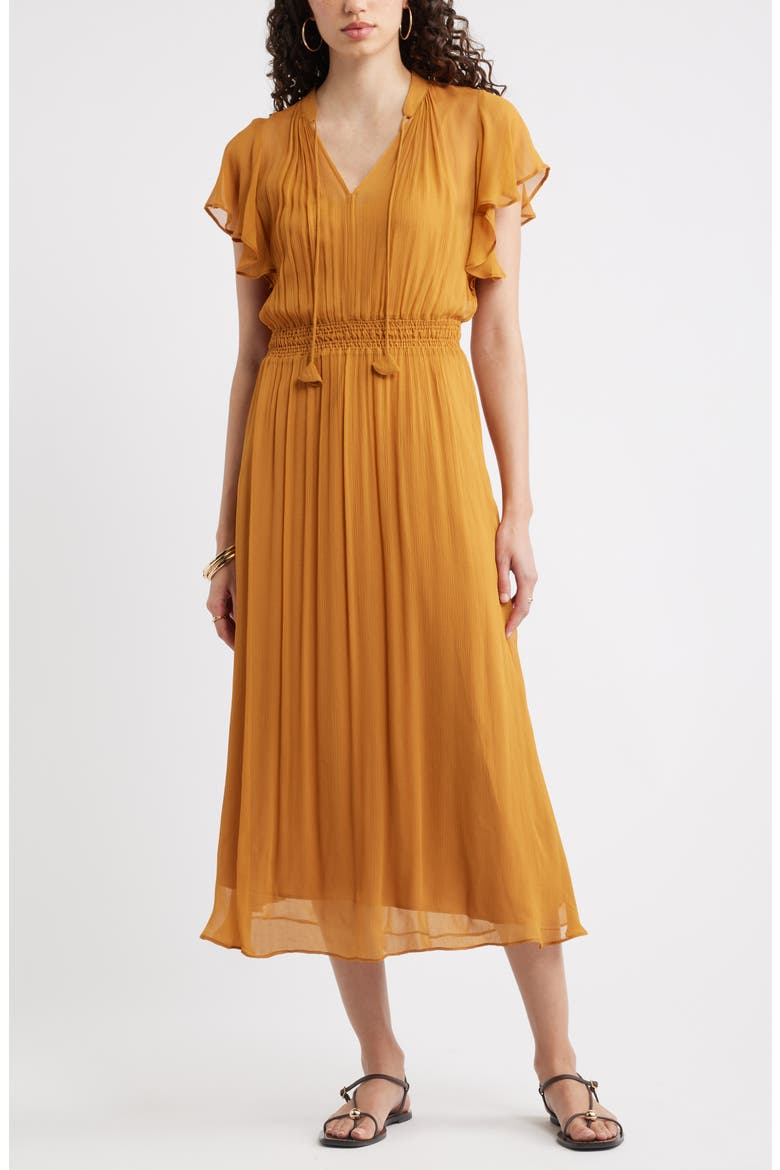 Crinkle Chiffon Midi Dress, Main, color, BROWN SIENA