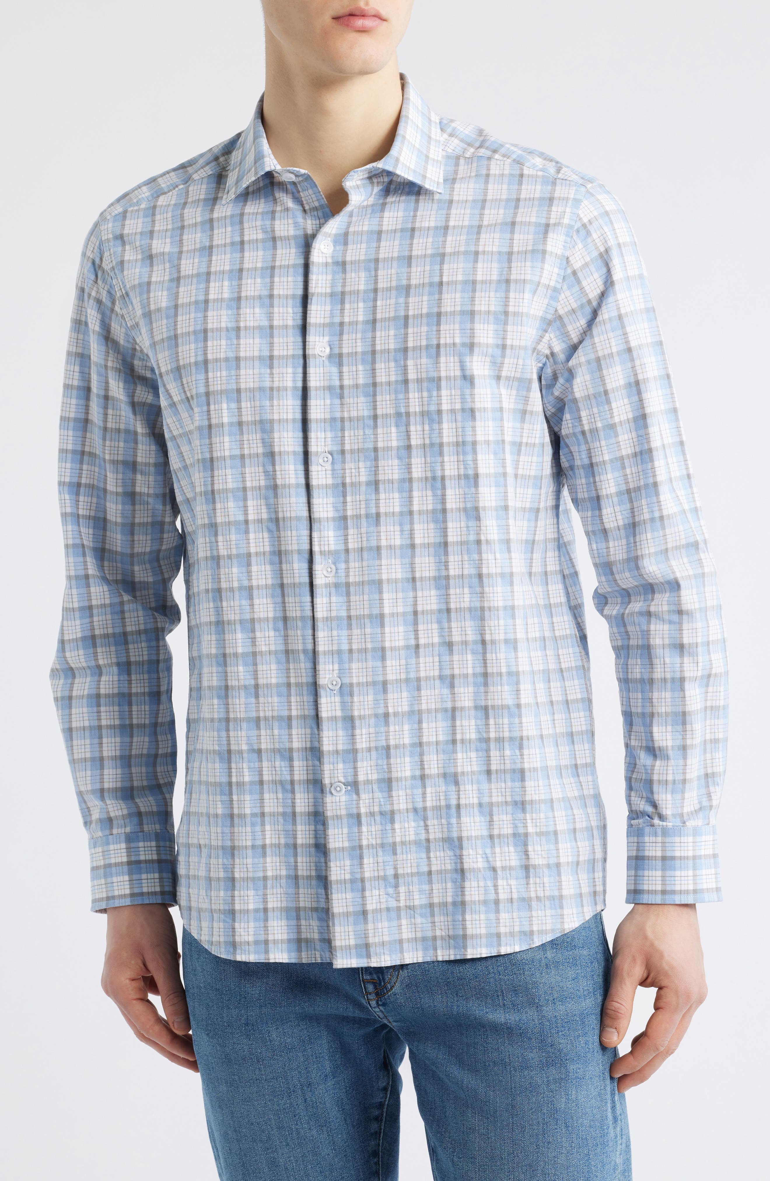 Outline Grid Plaid Button-Up Shirt