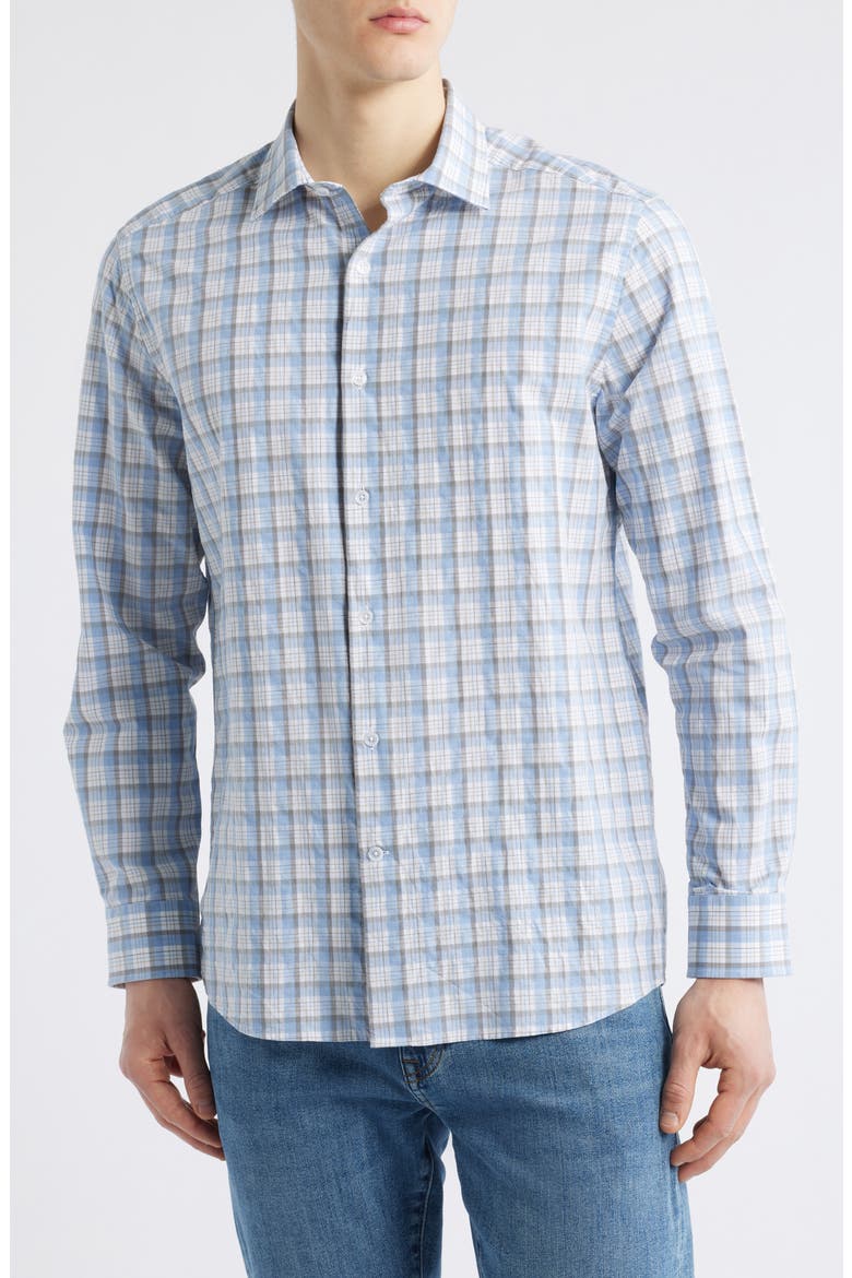 Outline Grid Plaid Button-Up Shirt, Main, color, BLUE MULTI