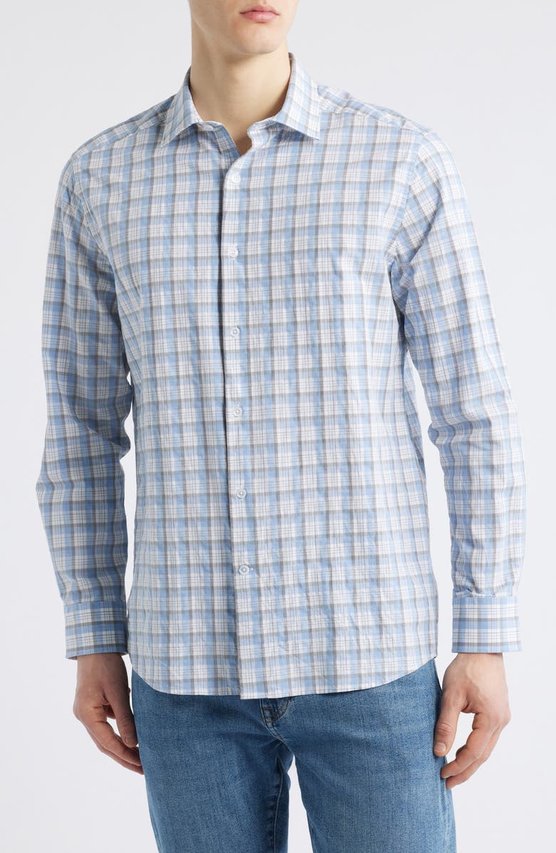 Johnston & Murphy Outline Grid Plaid Button-Up Shirt, Main, color, Blue Multi