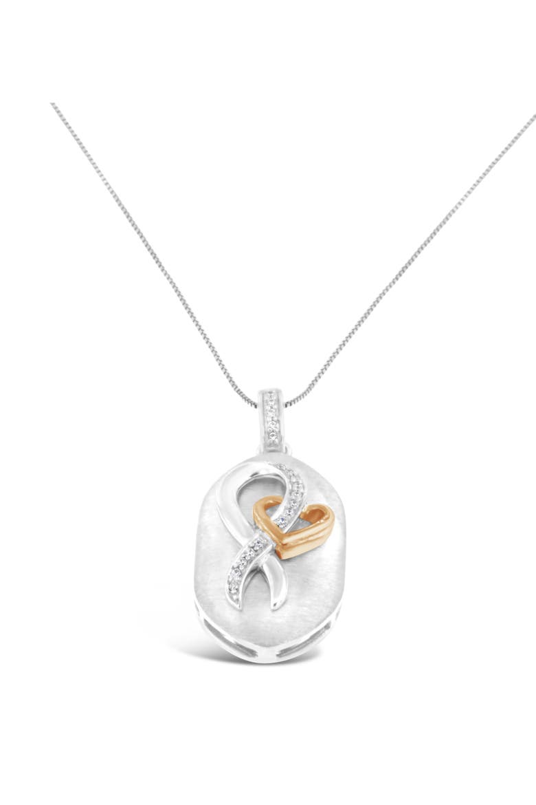 10k Rose Gold Over Silver 1/10 Ctw Diamond Heart and Ribbon Pendant Necklace, Main, color, White