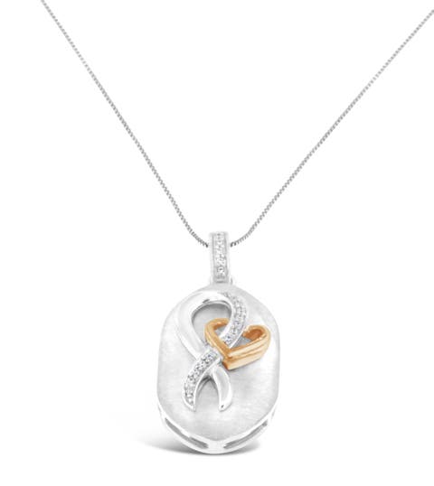10k Rose Gold Over Silver 1/10 Ctw Diamond Heart and Ribbon Pendant Necklace