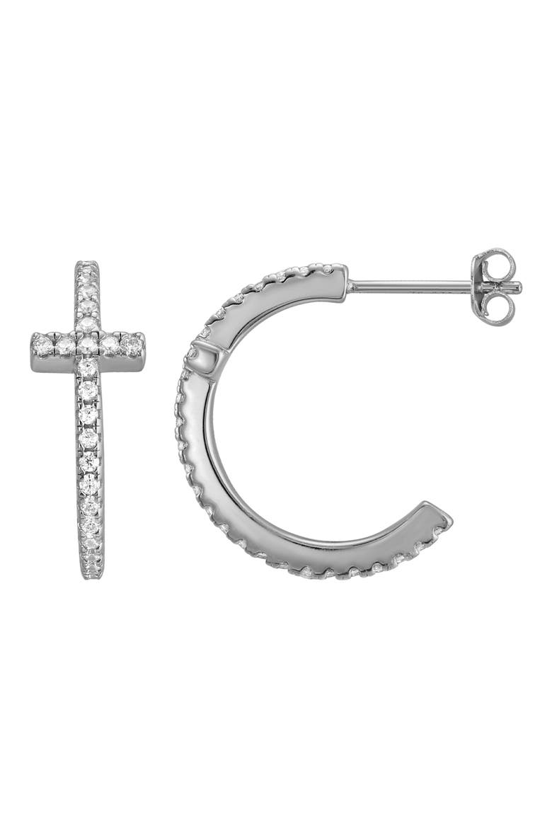 Cubic Zirconia Cross Hoop Earrings, Main, color, STERLING SILVER