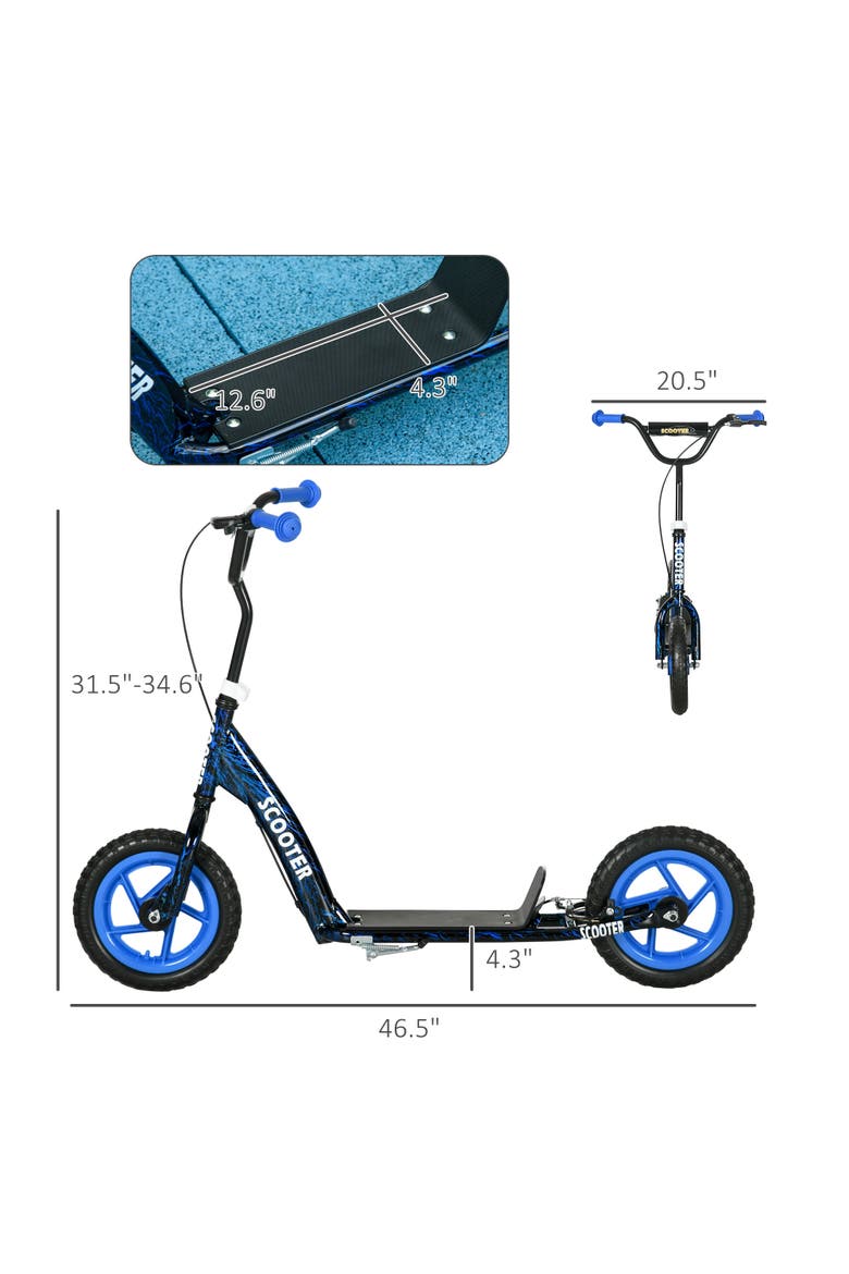 Kids Kick Scooter, Big Wheel Scooter with Adjustable Handlebar, Rear Brake, Kickstand, Non-slip Footplate, 12" EVA Wheels, for 6-12 Years, Green, Alternate, color, Blue