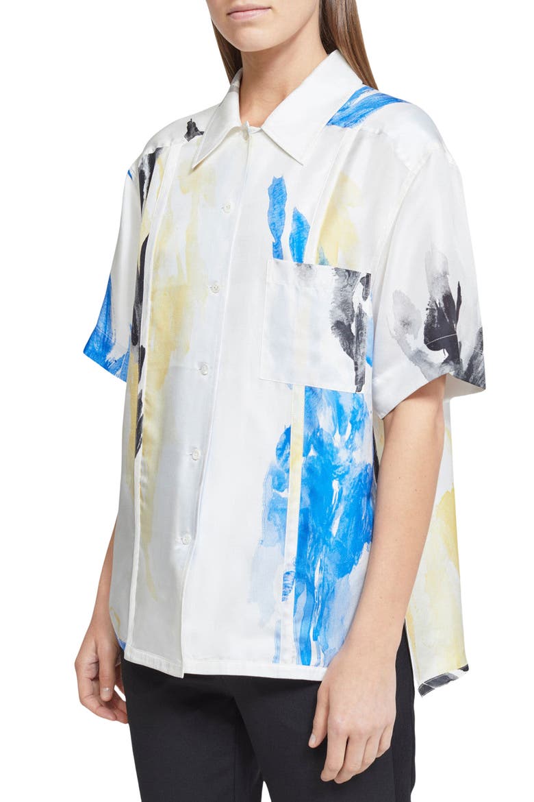 Watercolor Print Silk Twill Camp Shirt, Alternate, color, CORNFLOWER BLUE-MULTI