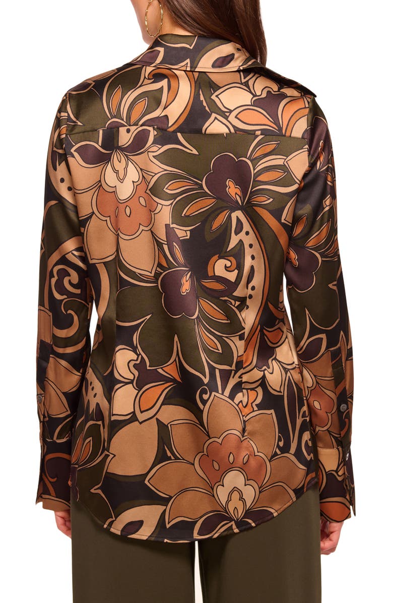 Ramy Brook Retro Floral Stretch Silk Bitton-Up Shirt, Alternate, color, Boho Brown Combo