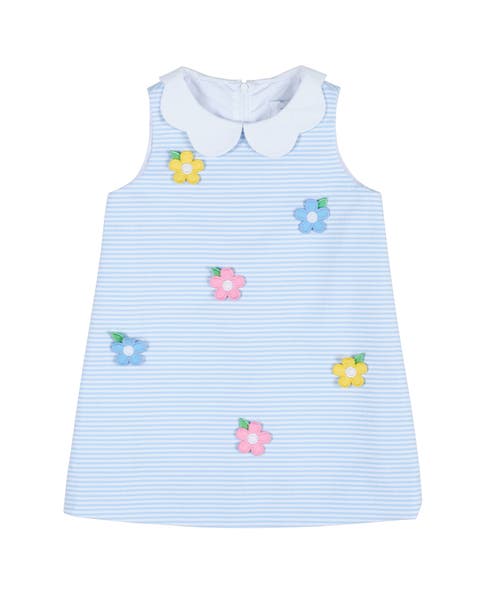 Stripe Birdseye Pique Dress with Petal Collar and Flowers