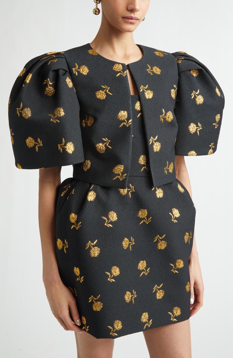 Carolina Herrera Carnation Jacquard Bell Sleeve Crop Jacket, Alternate, color, Black Multi