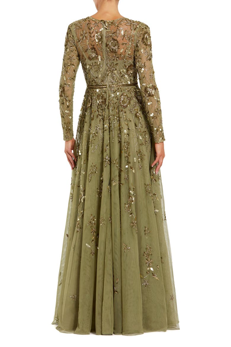 Women's Long Sleeve Mesh Floral Embellished Gown, Alternate, color, Green