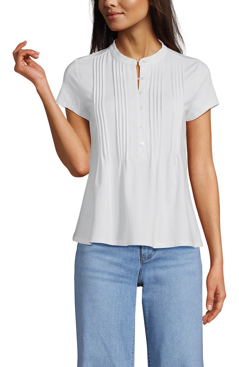 Lands' End Short Sleeve Lightweight Jersey Button Pintuck Top, Alternate, color, White
