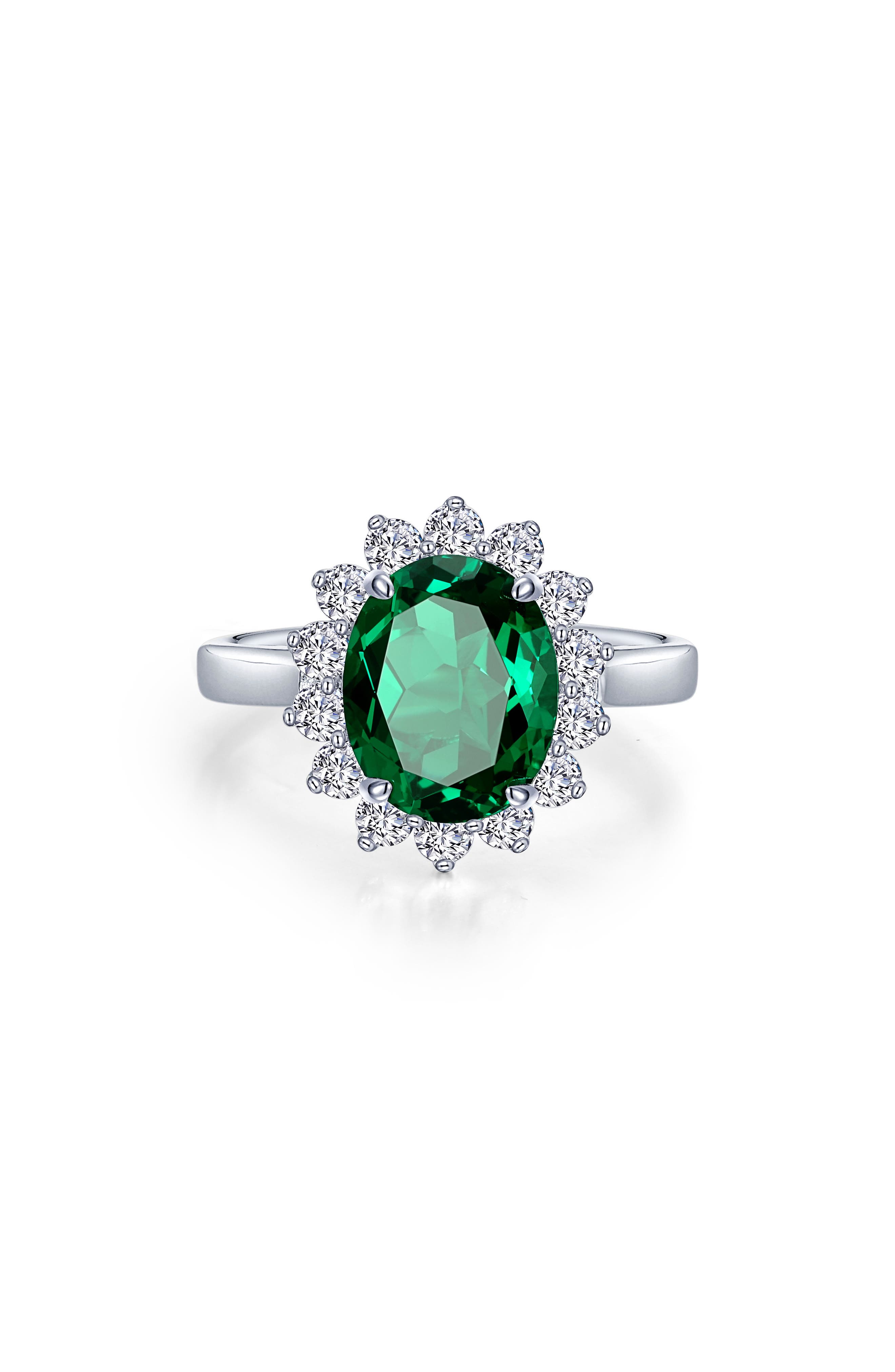 Lafonn Sunburst Oval Simulated Emerald & Simulated Diamond Halo Ring