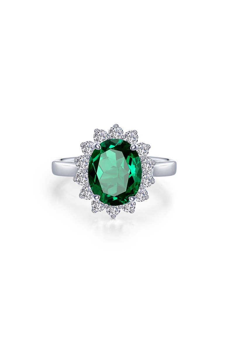 Sunburst Oval Simulated Emerald & Simulated Diamond Halo Ring, Main, color, EMERALD/ WHITE