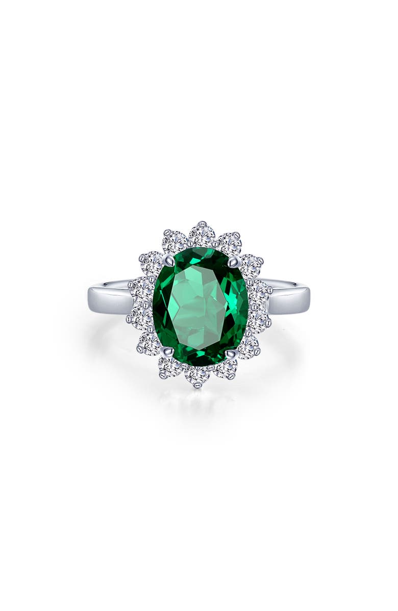 Lafonn Sunburst Oval Simulated Emerald & Simulated Diamond Halo Ring, Main, color, Emerald/ White