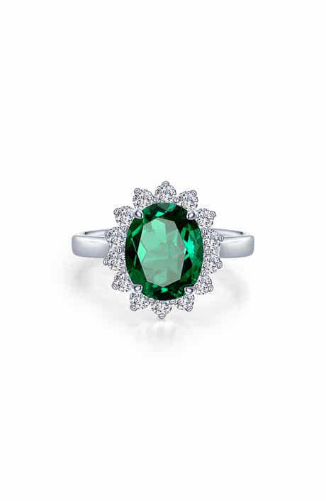 Lafonn Sunburst Oval Simulated Emerald & Simulated Diamond Halo Ring