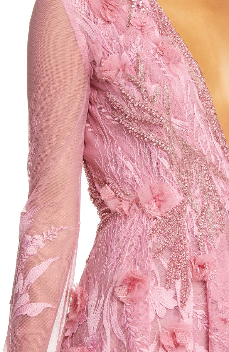 Pamella Roland Long Sleeve 3D Floral Embroidered Lace Gown, Alternate, color, 