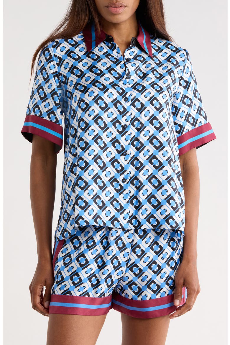 Alexa Short Sleeve Silk Button-Up Shirt, Main, color, CANE LINK BLUE